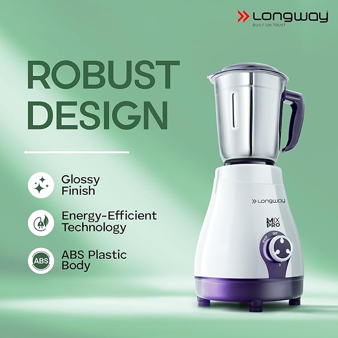 Longway Mix Pro 550 Watt Mixer Grinder with 4 Jars for Grinding, Mixing, Blending, Juicing with Powerful Motor (Purple, 4 Jars) - View 2