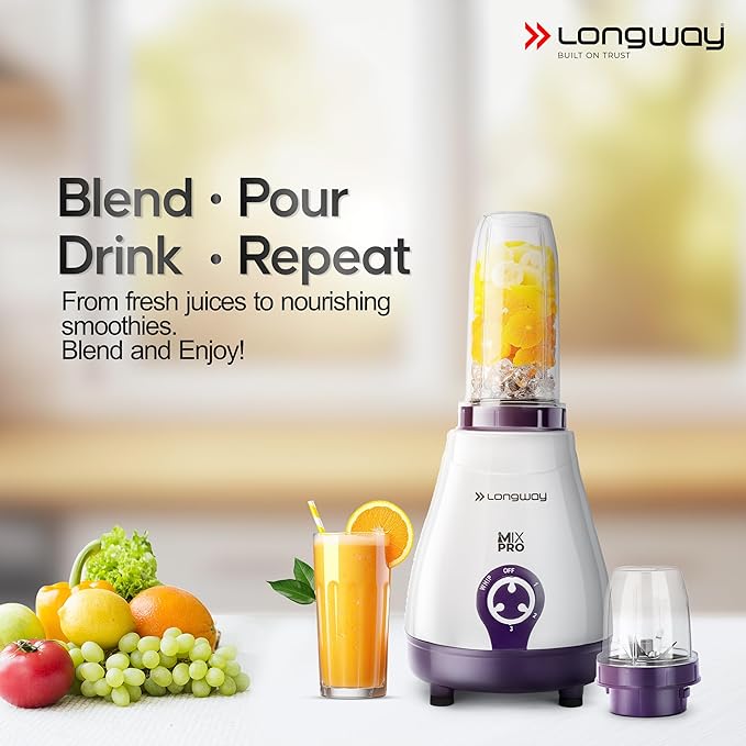 Longway Mix Pro 550 Watt Mixer Grinder with 4 Jars for Grinding, Mixing, Blending, Juicing with Powerful Motor (Purple, 4 Jars) - View 4
