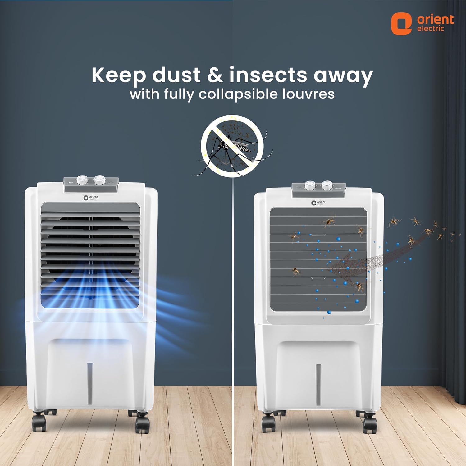 Click to see full view   3 VIDEOS     3+ Orient Electric Durachill 40 L Portable Air Cooler For Home | Densenest Honeycomb Pads |More Air Delivery | Fully Collapsible Louvers |Inverter Compatible | 1 Year Warranty by Orient | White &amp; Grey - View 5