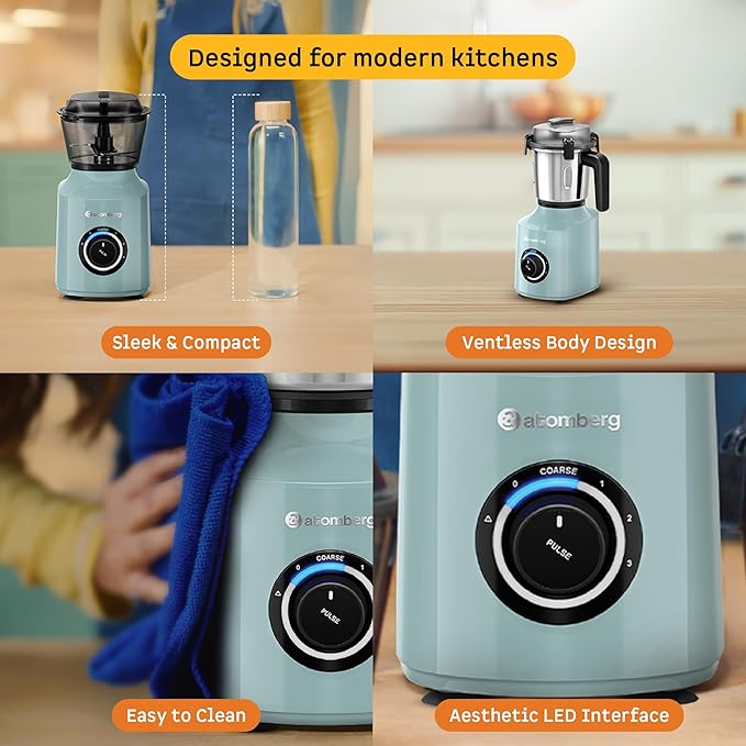 Atomberg Zenova Fresh Juicer Mixer Grinder | Coarse Mode for Silbatta-like Texture | Intelligent BLDC Motor | Safety Features |4 Jars including Chopper & Juicer Jar | Hands-Free Operation | Misty Teal - View 3