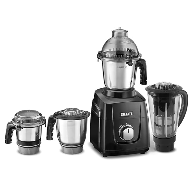 Sujata MG03 Mixer Grinder |1000 Watts Double Ball Bearing Motor|24000 RPM|Non-Stop 90 Mins Running|4 Jars including 1750ml Blender with Coconut Milk Extractor, 1500ml, 1000ml, 500ml Jar| Black