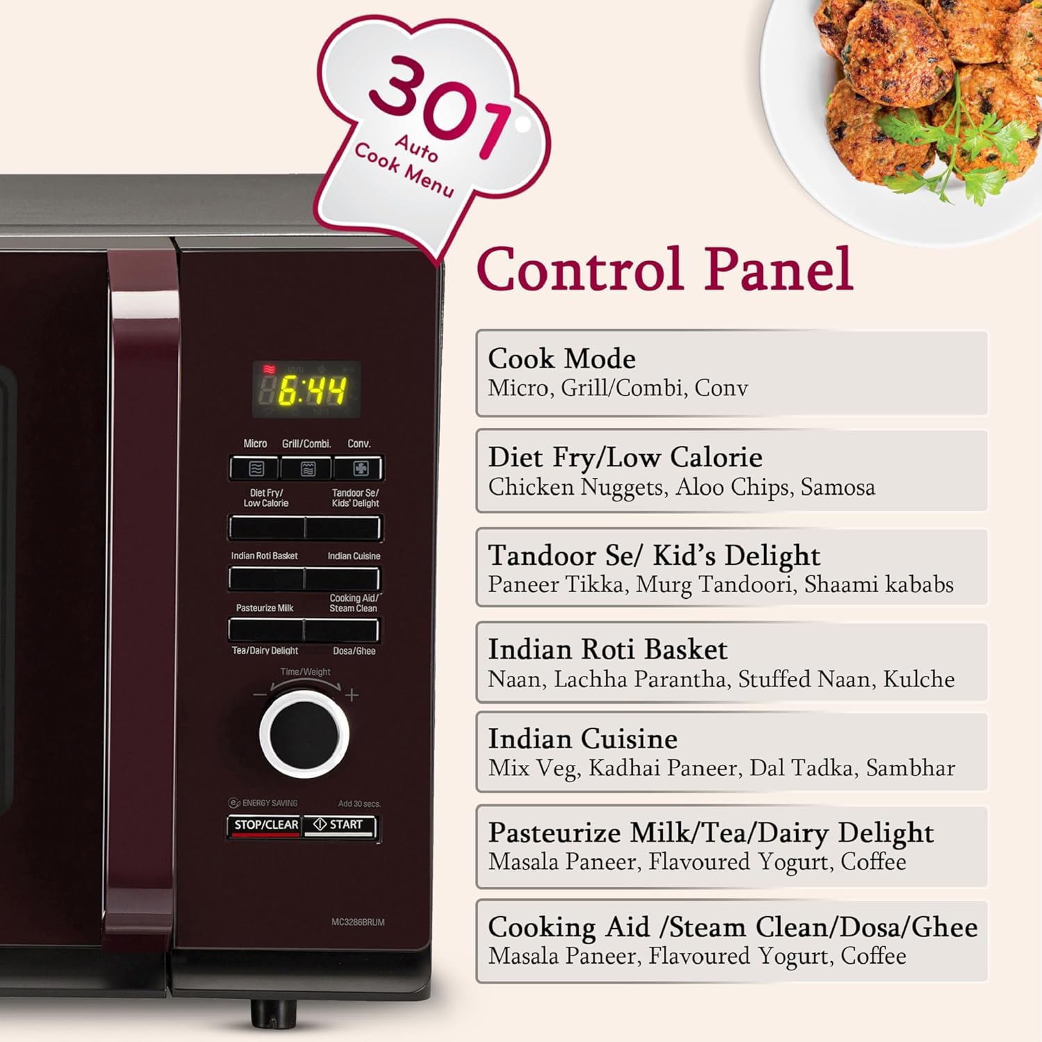 LG 32 L Convection Microwave Oven (MC3286BRUM, Black, 360° Motorised Rotisserie for Bar-be-queing, 301 Auto Cook Menu, Stainless steel cavity, Indian Cuisine, Tandoor Se, Steam Clean & Diet Fry) - View 4