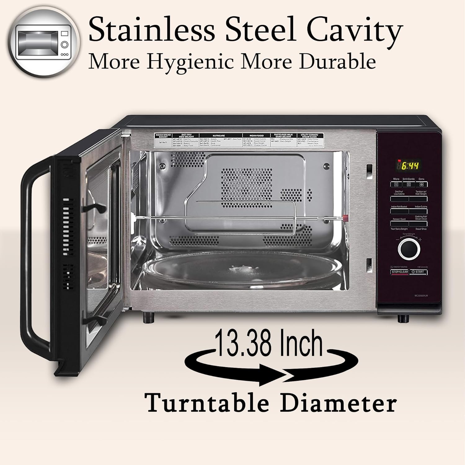 LG 32 L Convection Microwave Oven (MC3286BRUM, Black, 360° Motorised Rotisserie for Bar-be-queing, 301 Auto Cook Menu, Stainless steel cavity, Indian Cuisine, Tandoor Se, Steam Clean & Diet Fry) - View 9