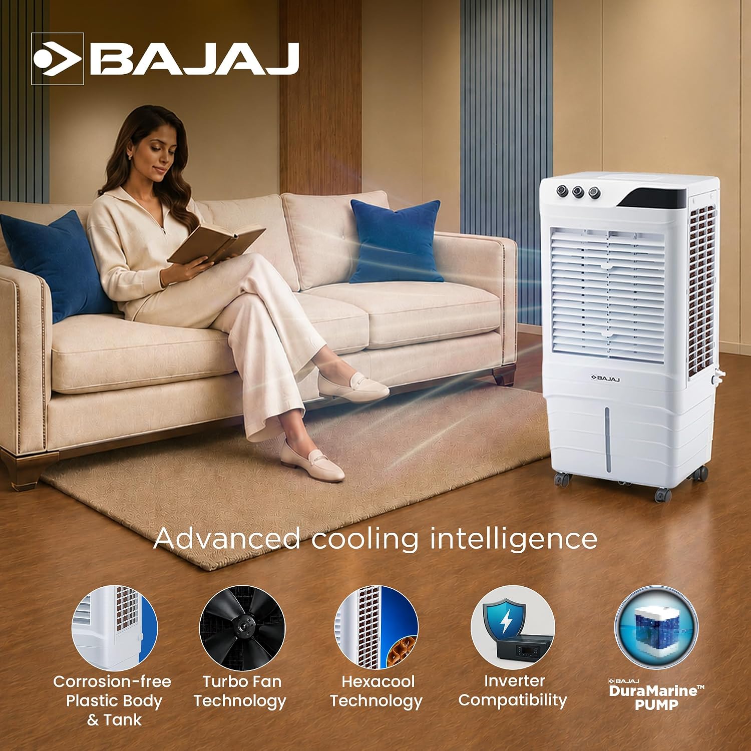 Bajaj DMH 90 Neo 90L Desert Air Cooler for Home|For Larger Room|Anti-Bacterial Honeycomb Cooling Pad|High-Speed|Ice Chamber|90Ft Air Throw|3-Speed Control|3 Year Comprehensive Product Warranty|White - View 7