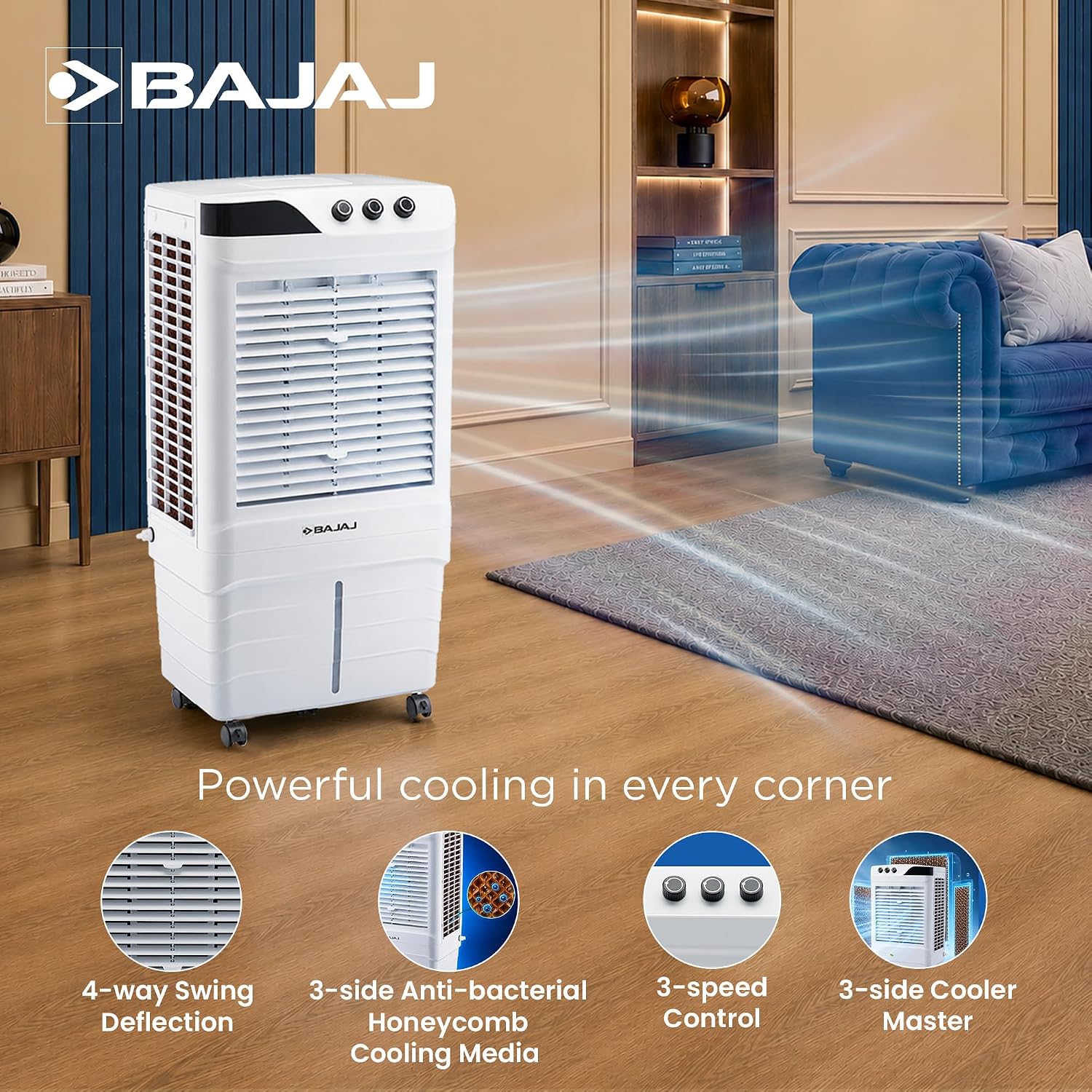 Bajaj DMH 90 Neo 90L Desert Air Cooler for Home|For Larger Room|Anti-Bacterial Honeycomb Cooling Pad|High-Speed|Ice Chamber|90Ft Air Throw|3-Speed Control|3 Year Comprehensive Product Warranty|White - View 8