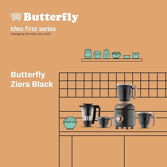 Butterfly ZieraBlack 1000 Watt Mixer Grinder | 4 Jars | Uniform Grinding - Tornado Blade &amp; Lid | Smudge Free Jars | Long Lasting Tempered &amp; SS Annealed Jars | Torx23 Motor| 5 Years Warranty - View 4