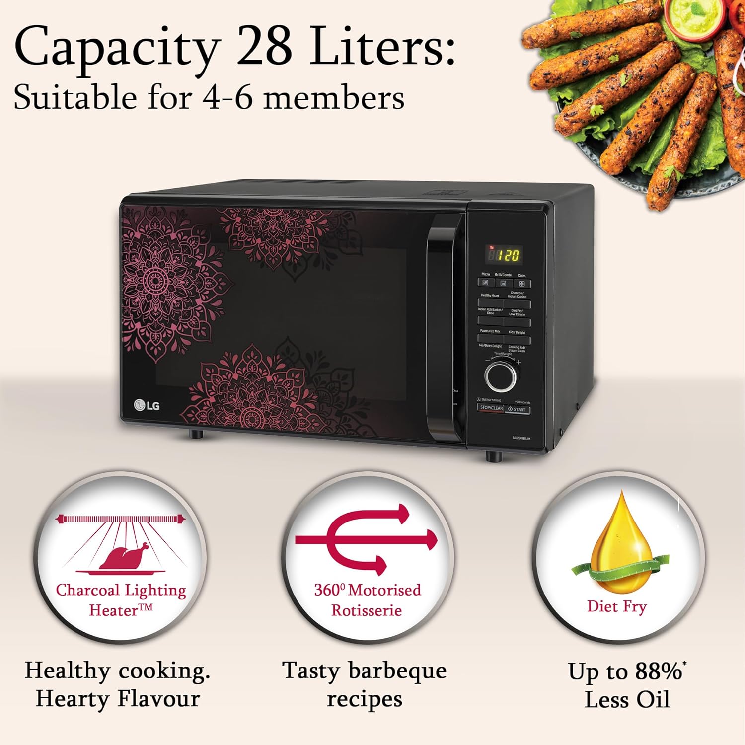 LG 28 L Charcoal Convection Healthy Microwave Oven (MJ2887BIUM, Black, Healthy Heart Recipes, Diet Fry, Pasteurized Milk, 360° Motorised Rotisserie &amp; 10 Years of warranty on Charcoal Heater) - View 3