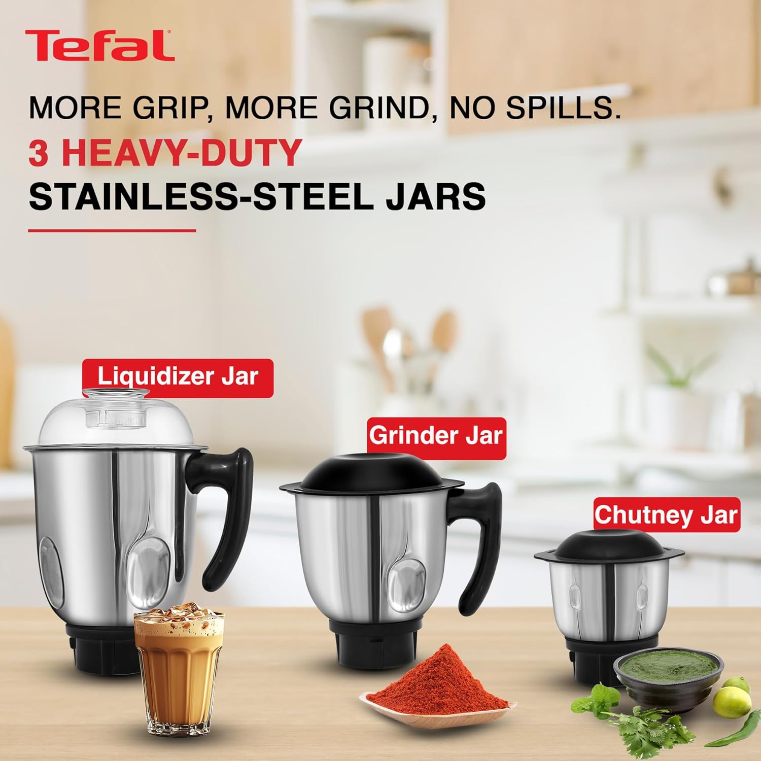 Tefal Grindmax HD 1000W Copper Motor with Durable Ball Bearing Mixer Grinder with 3 Leak-Proof Heavy Duty Jars, High-Speed 20,000 RPM Motor, Europe’s No.1 Brand, Best Mixer Grinder for Indian Cooking - View 2