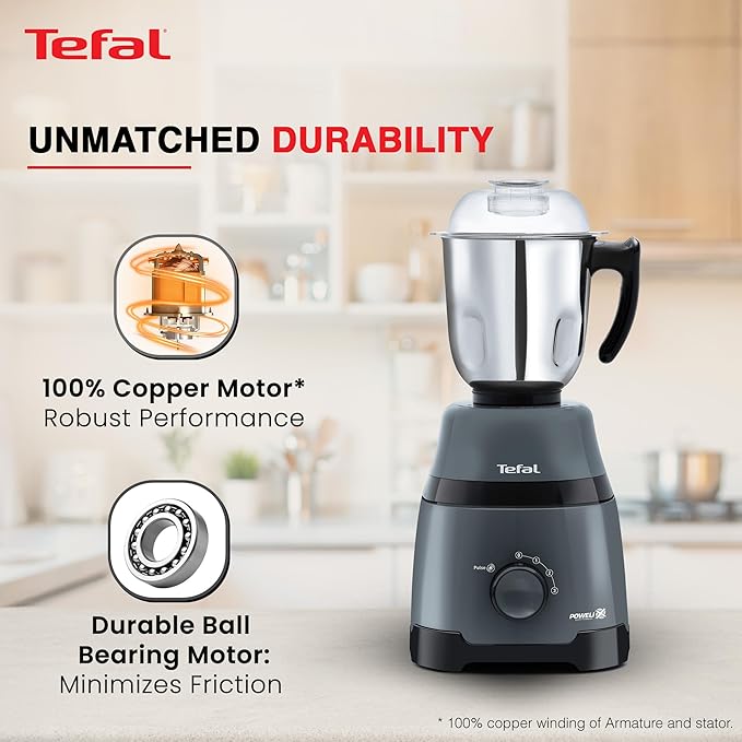 Tefal Grindmax HD 1000W Copper Motor with Durable Ball Bearing Mixer Grinder with 3 Leak-Proof Heavy Duty Jars, High-Speed 20,000 RPM Motor, Europe’s No.1 Brand, Best Mixer Grinder for Indian Cooking - View 3