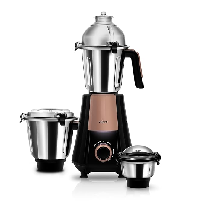 Wipro Elato Divine FMG 214 800 Watt Mixer Grinder with 3 Jars, Heavy Duty 100% Copper Ball Bearing Motor with 5 Year Warranty,Superfast Grinding, Clip Lids - Hands Free use,3 Jars Mixer Grinder, Black