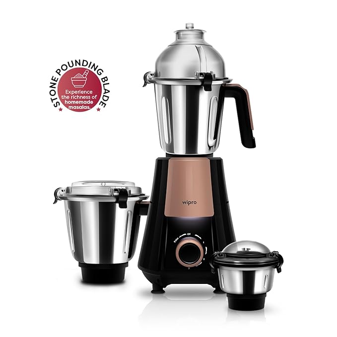 Wipro Elato Divine FMG 214 800 Watt Mixer Grinder with 3 Jars, Heavy Duty 100% Copper Ball Bearing Motor with 5 Year Warranty,Superfast Grinding, Clip Lids - Hands Free use,3 Jars Mixer Grinder, Black - View 4