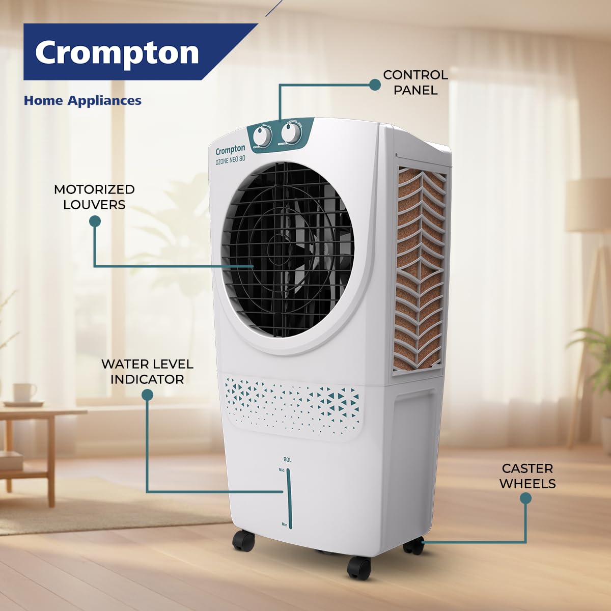 Crompton Ozone Neo Desert Air Cooler 80L| High density honeycomb Pad for Cooling Retention| Water Level indicator| 4 way Air deflection & Auto Swing | Everlast Pump| 3 Year Brand Warranty - View 2