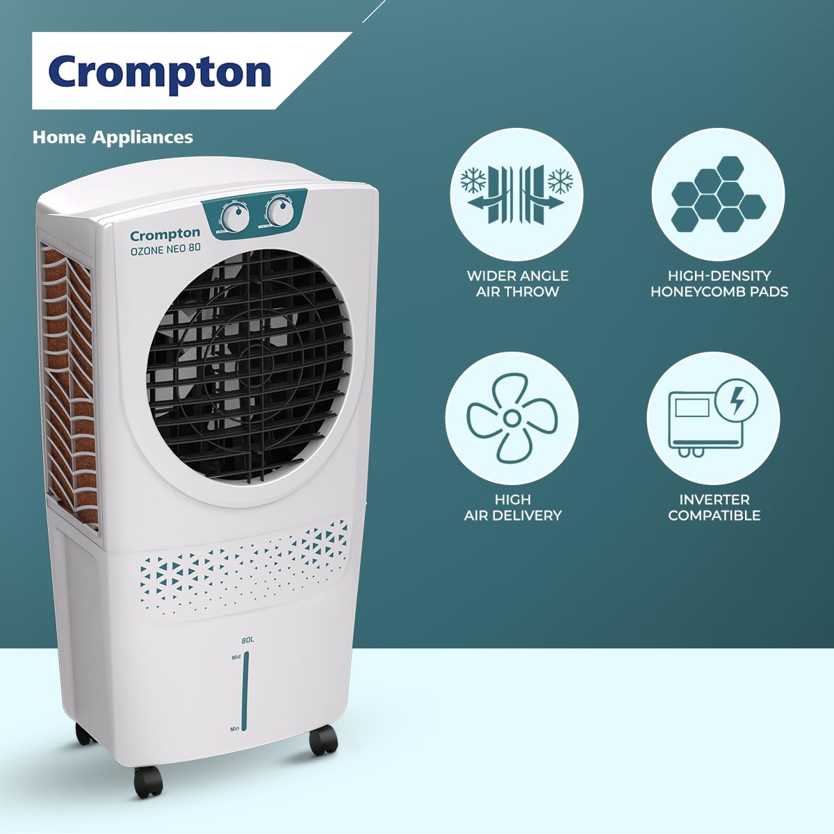 Crompton Ozone Neo Desert Air Cooler 80L| High density honeycomb Pad for Cooling Retention| Water Level indicator| 4 way Air deflection & Auto Swing | Everlast Pump| 3 Year Brand Warranty - View 3