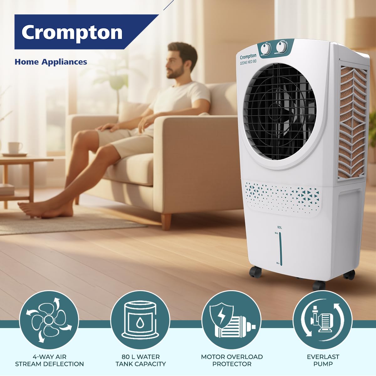 Crompton Ozone Neo Desert Air Cooler 80L| High density honeycomb Pad for Cooling Retention| Water Level indicator| 4 way Air deflection & Auto Swing | Everlast Pump| 3 Year Brand Warranty - View 4