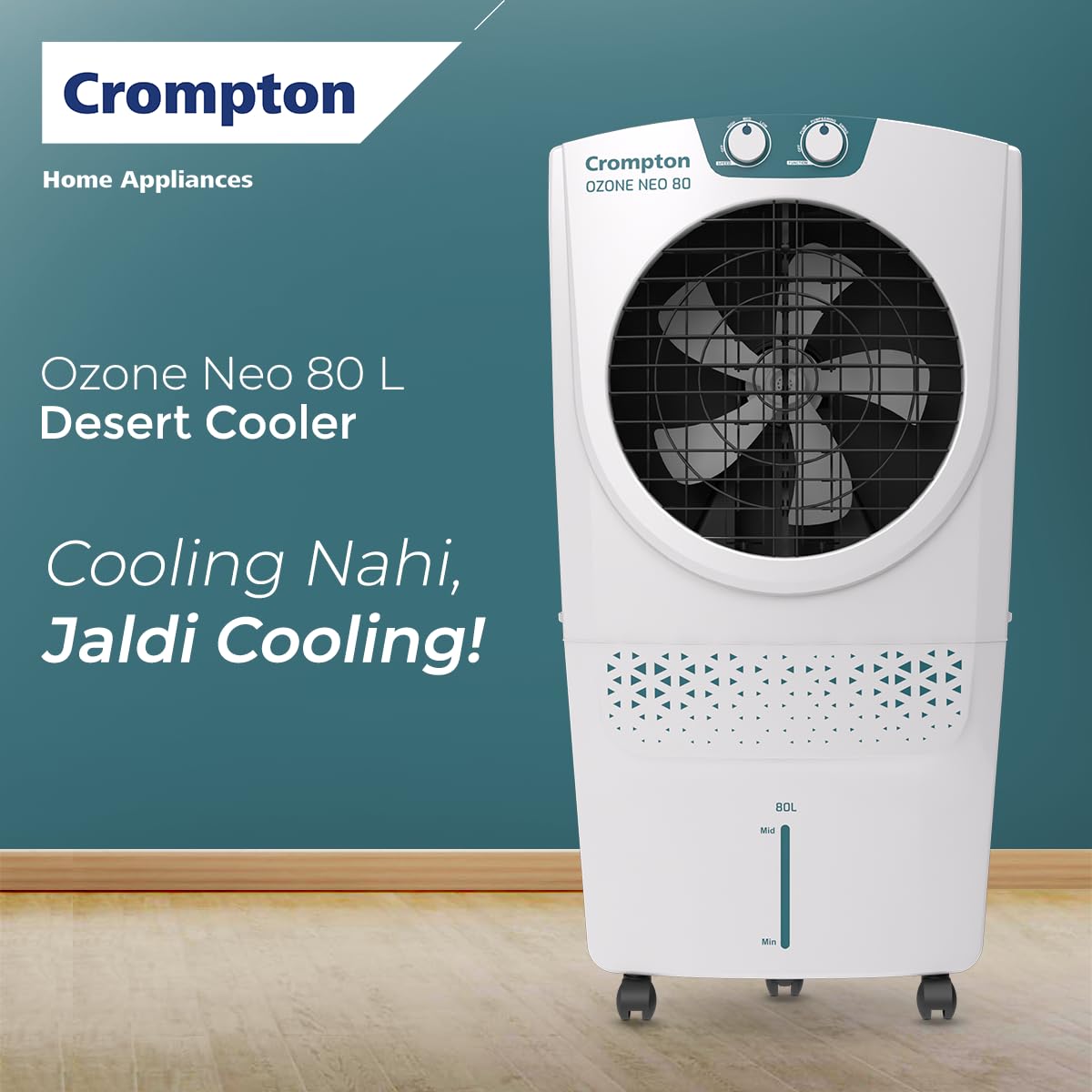 Crompton Ozone Neo Desert Air Cooler 80L| High density honeycomb Pad for Cooling Retention| Water Level indicator| 4 way Air deflection & Auto Swing | Everlast Pump| 3 Year Brand Warranty - View 5